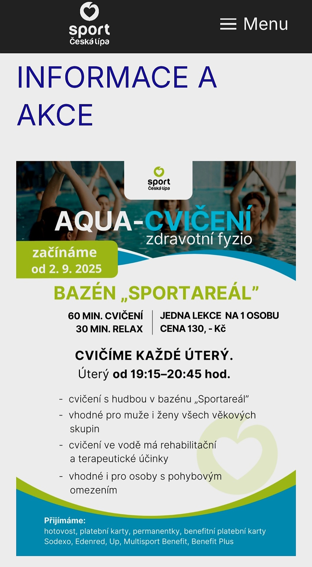 Od 2.9. V 19.15hodin zdravotní AQUA cvičení 